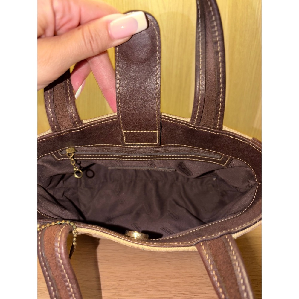 Coach Small Canvas Leather Tote Bag Cream Brown Contrast Stitch Handbag - Picture 8 of 9